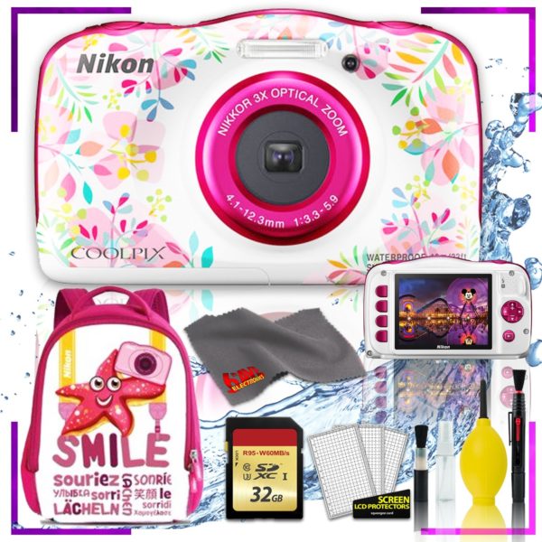 Nikon Coolpix W150 Digital Camera - Flowers (Intl Model) with Camera Cleaning Kit Bundle (Pink Back Pack Memory Kit)